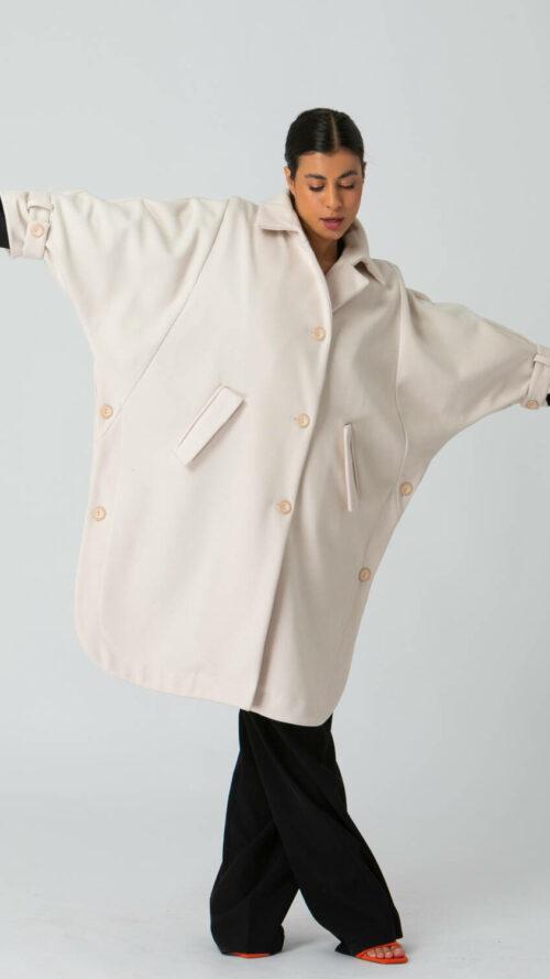Oversized παλτό με κουμπιά, πέτο και τσέπες λευκό