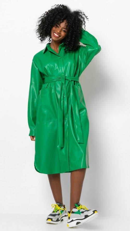 Σεμιζιέ φόρεμα από δερματίνη πράσινο, εμφάνιση από μπροστά.