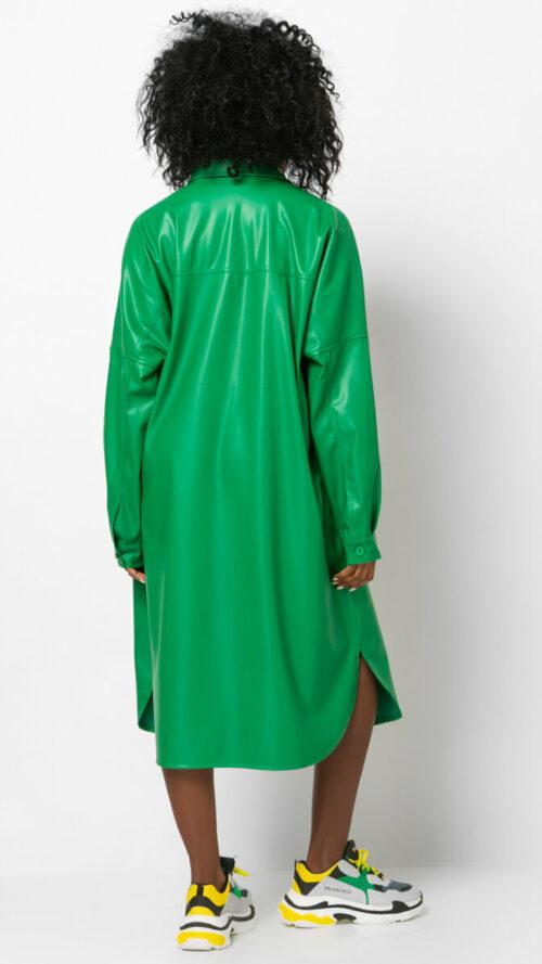 Σεμιζιέ φόρεμα από δερματίνη πράσινο, εμφάνιση από πίσω.